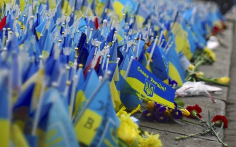 Flags commemorating fallen Ukrainian soldiers on Maydan square in Kyiv (Round 4)